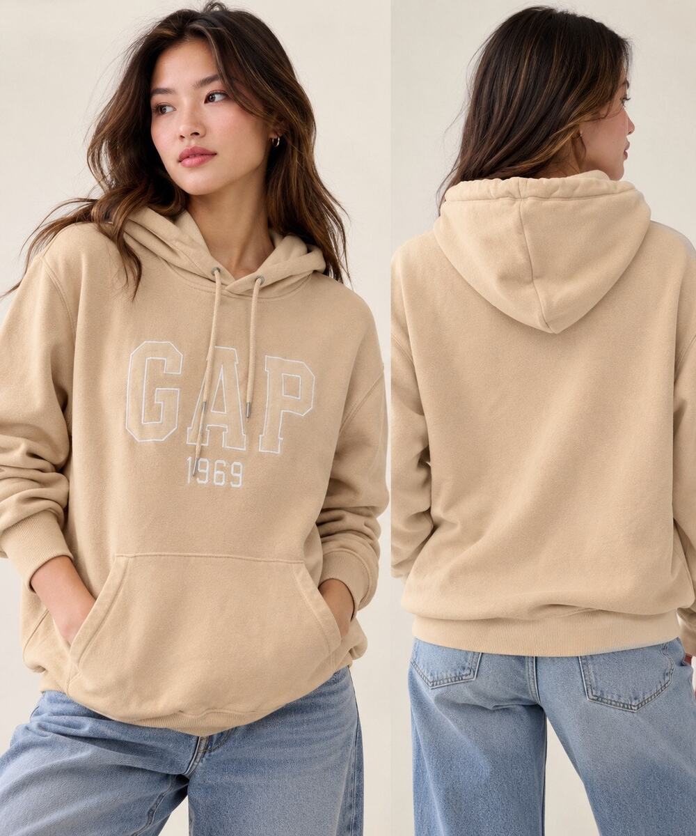 GAP 1969 Embroidered Varsity Logo Hoodie Beige Fleece Pullover Preppy Unisex S